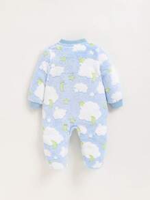 SHEIN Grenouillère Sans Col Pour Bébé Nouveau-né Fille À Motif D'étoile, Doublée Thermiquement Et De Couleur Moyennement Épaisse À Manches Longues Avec Couverture Pour Les Pieds - Bleu et Blanc - Voir 2