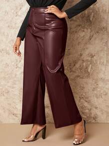SHEIN BAE Kích thước lớn Da giả Eo cao Giò thẳng Quần - Màu Đỏ Sâu - Xem 1