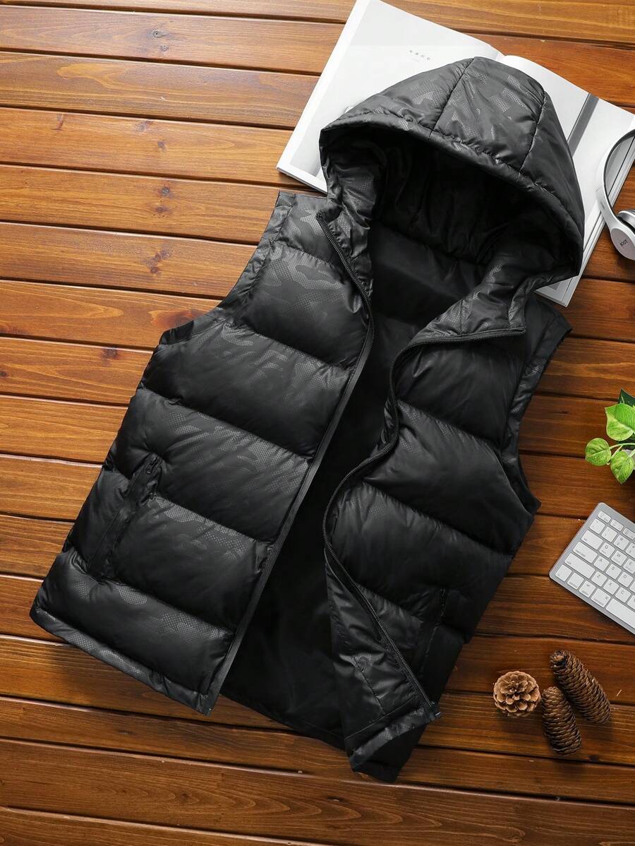 Manfinity Homme Men's Hooded Padded Vest Bubble Plain Casual For Boyfriend Gift, Puffer Men, Black Fall Winter - Black - View 1