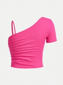 SHEIN 十幾歲女孩的肋紋針織單肩背心上有褶皺,休閒t恤 - 玫紅色 - 查看 2