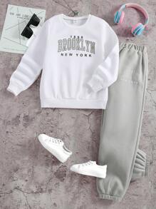 SHEIN Tween Girls Crew Neck Long Sleeve Sweatshirt And Sweatpants Set, Casual Sports Outfit With Thermal Lined, Autumn/Winter - Light Grey - View 1
