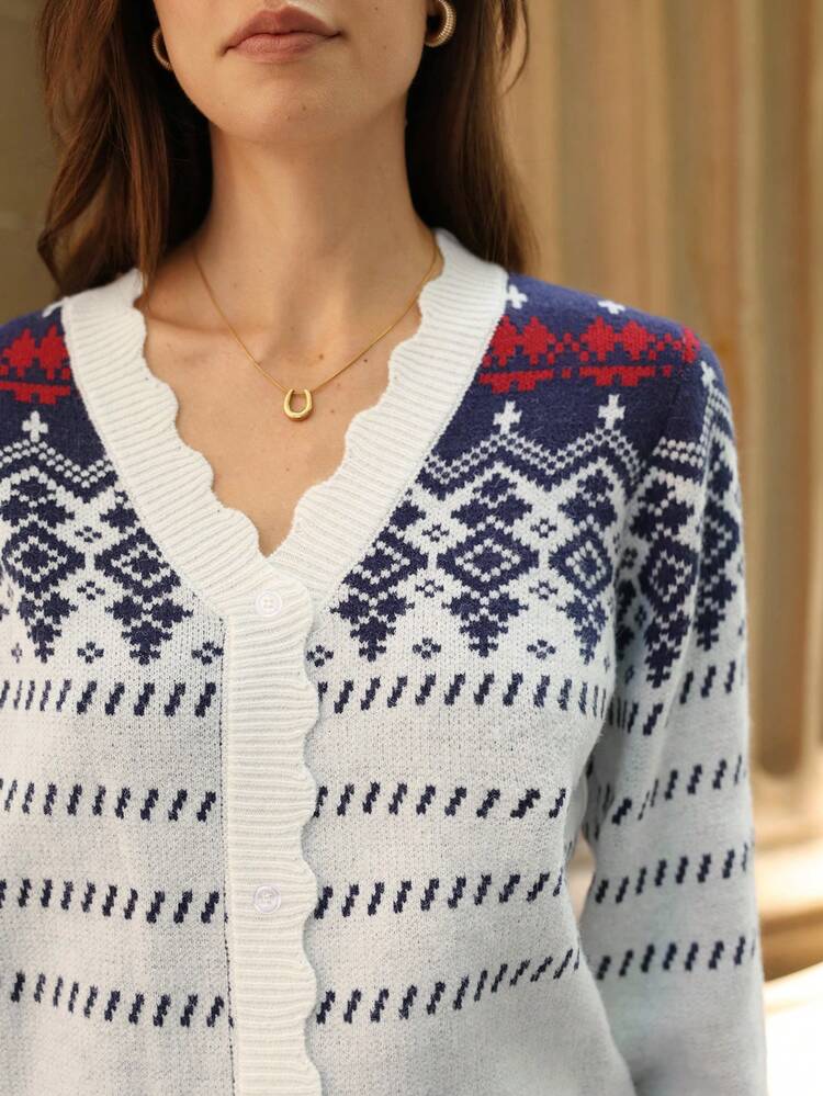 Geo Pattern Button Front Cardigan Winter Casual
