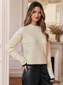 SHEIN Frenchy Black And White Contrasting Drop-Shoulder Cable-Knit Sweater