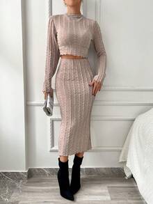 RueChic Monochrome Mushroom Hem Long Sleeve Two-piece Set - Beige - View 5