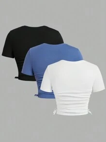 SHEIN Girlism 少女實色圓領褶皺短袖休閒t恤三件套裝 - 彩色 - 查看 2