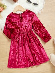 SHEIN 小女孩刺繡網布&天鵝絨細節洋裝 - 酒紅色 - 查看 2