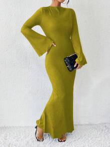 SHEIN Unity 纯色美人鱼下摆喇叭袖长裙女装 - 綠色 - 查看 5