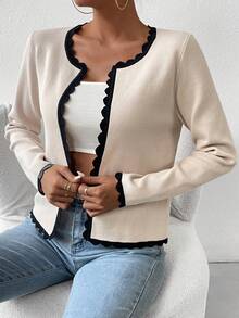 SHEIN LUNE Thời gian rảnh rỗi Của phụ nữ Curvy Cạnh Tay áo dài Áo len Mở - Đen và trắng - Xem 5