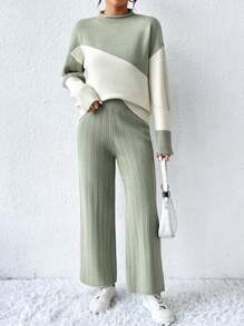 SHEIN Frenchy 撞色立領落肩針織衫褲套裝 - 彩色 - 查看 3
