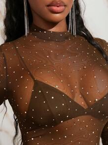 Slaydiva Women'S Rhinestone Embellished Sheer Mesh Unitard Jumpsuit - Brown - View 6