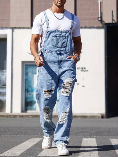 Manfinity LEGND Lössittande jeansoverall med bleka och slitna kläder för män, baggy overall, gå ut Street Wear