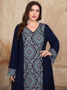 Al Najma Plus Size Floral Print V-Neck Long Sleeve Dress Kaftan Jalabiya Dress - Blue - View 4