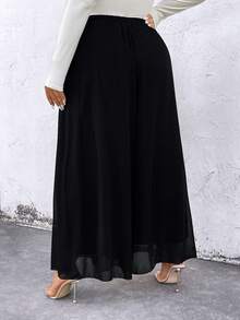 SHEIN LUNE 大尺寸純色寬腿網眼褲 - 黑色 - 查看 2