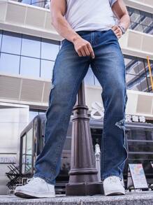 Manfinity EMRG 男士直筒牛仔褲,帶原邊設計 - 深色水洗藍 - 查看 3