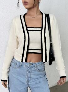 SHEIN Unity Contrast Trim Long-sleeved Cardigan - Beige - View 1