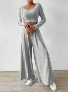 SHEIN Essnce Women'S Ribbed Long-Sleeved T-Shirt And Wide-Leg Trousers Two-Piece Set - Grey - View 1