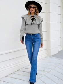SHEIN Cottnline Women's Color Block Sweater With Ruffle Edge, Border Trim, Wide Strap Tie Neck - Grey - View 3