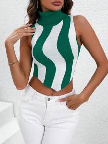 SHEIN LUNE High-collar Colorblocked Knit Tank Top - Green - View 3