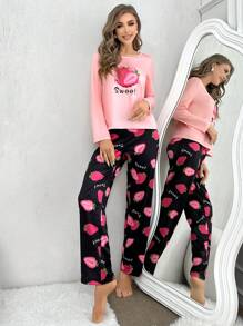 Conjunto de pijama de top de manga larga y pantalones con estampado de fresa y texto, ropa de otoño e invierno - Multicolor - Ver 6