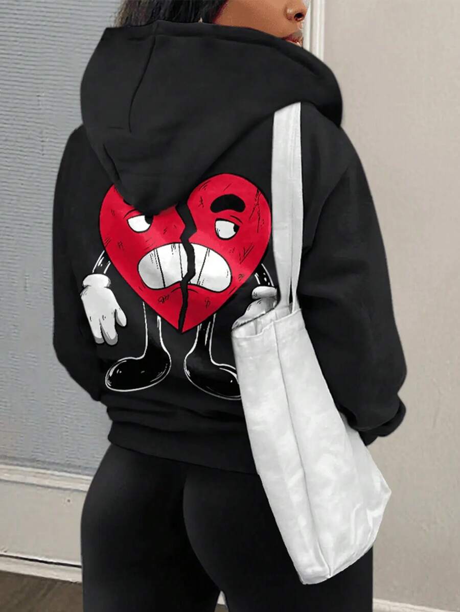 INAWLY 卡通印花抽繩連帽衫 - 黑色 - 查看 1