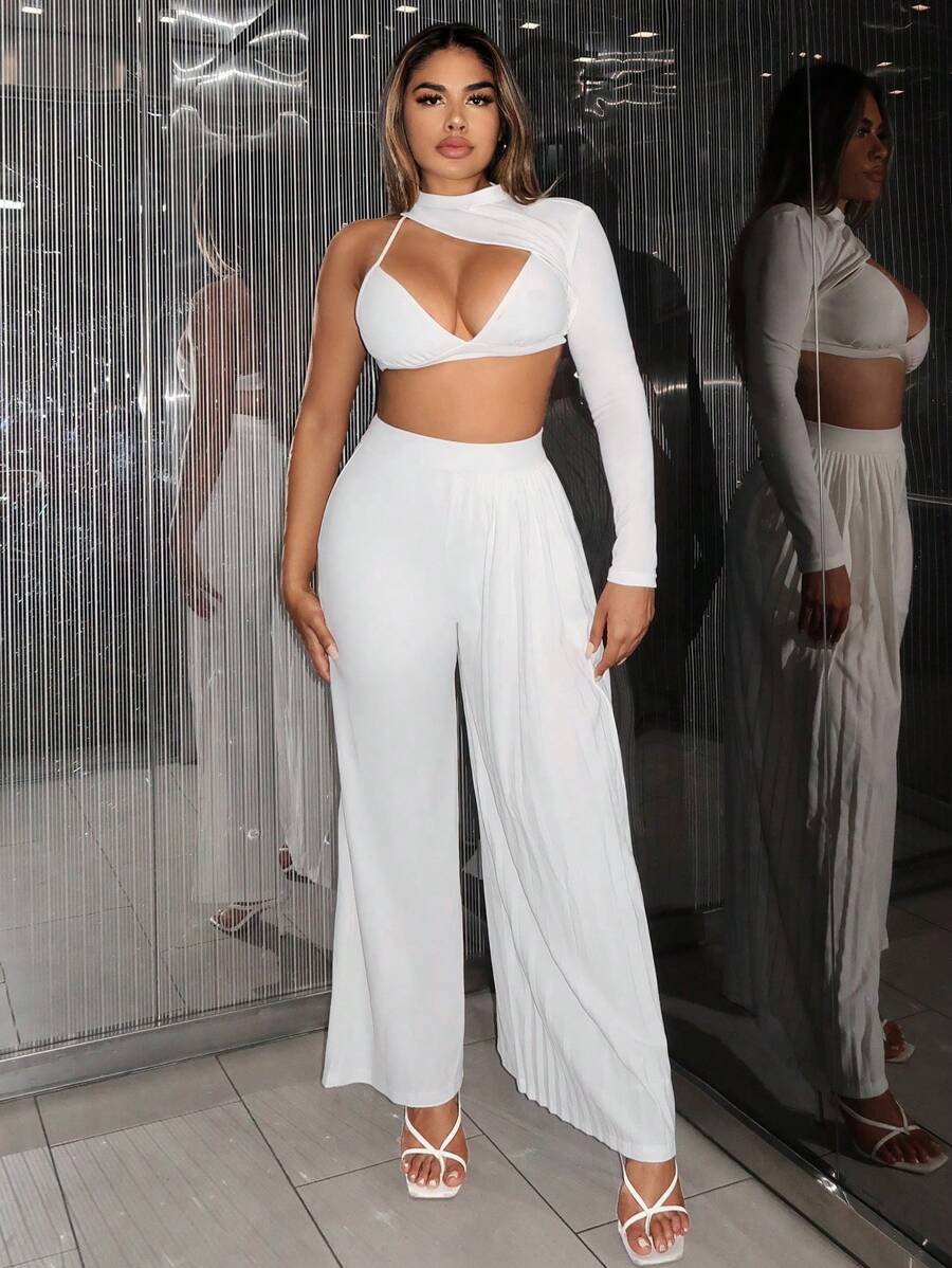 SHEIN SXY 女士单肩吊带文胸和阔腿裤套装，带褶皱，颜色：白色 - 白色 - 查看 1