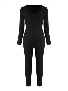 Calvaya Mono De Manga Larga De Talla Grande De Color Sólido - Negro - Ver 1