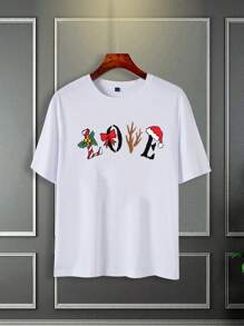 Manfinity Homme Men's Loose-Fit Casual T-Shirt With Letter & Christmas Hat Print - White - View 3