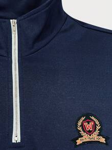 Claim Dot Men Casual Loose Stand Collar Letter Pattern Drop Shoulder Quarter Zip Sweatshirt, Fall, Long Sleeve Top