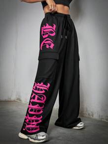 SHEIN Coolane Ladies' Athletic Pants With Flap Pocket And Letter Print - Black - View 1