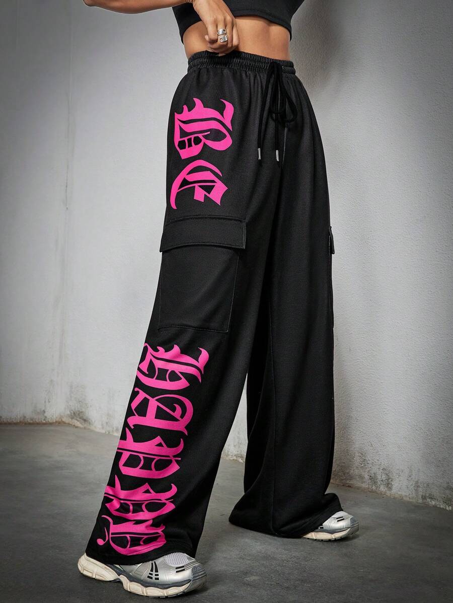 SHEIN Coolane Ladies' Athletic Pants With Flap Pocket And Letter Print - Black - View 1