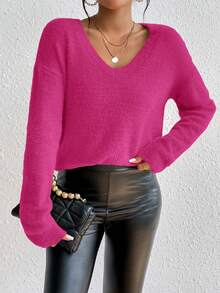SHEIN Essnce V 領落肩套頭毛衣 - 玫紅色 - 查看 3