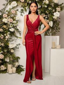 SHEIN Belle Burgundy Red Deep V-Neck Sleeveless Bridesmaid Dress With Waist Knot Detail, Wedding Guest Dress Party Dress Formal Dress Evening Dress,Gown