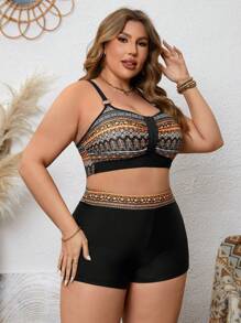 SHEIN Swim Curve Summer Beach Plus Size Geometric Print Criss-Cross Back Bikini Set Suit - Multicolor - View 6