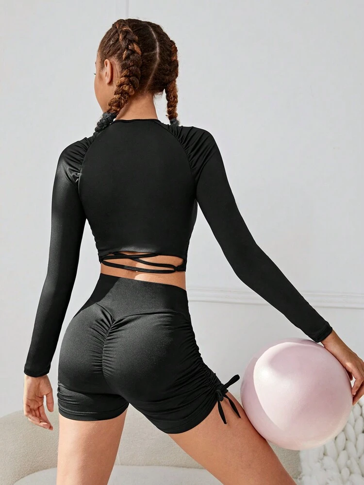 Girl's Teenager Set, Solid Color Hollow Cross Back Short-sleeved T-shirt And Pleated Shorts Suit For Fitness And Exercise