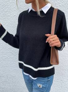 SHEIN LUNE 1 chiếc áo len tay raglan kiểu dáng thường ngày, thích hợp cho mùa thu đông. - màu đen - Xem 5