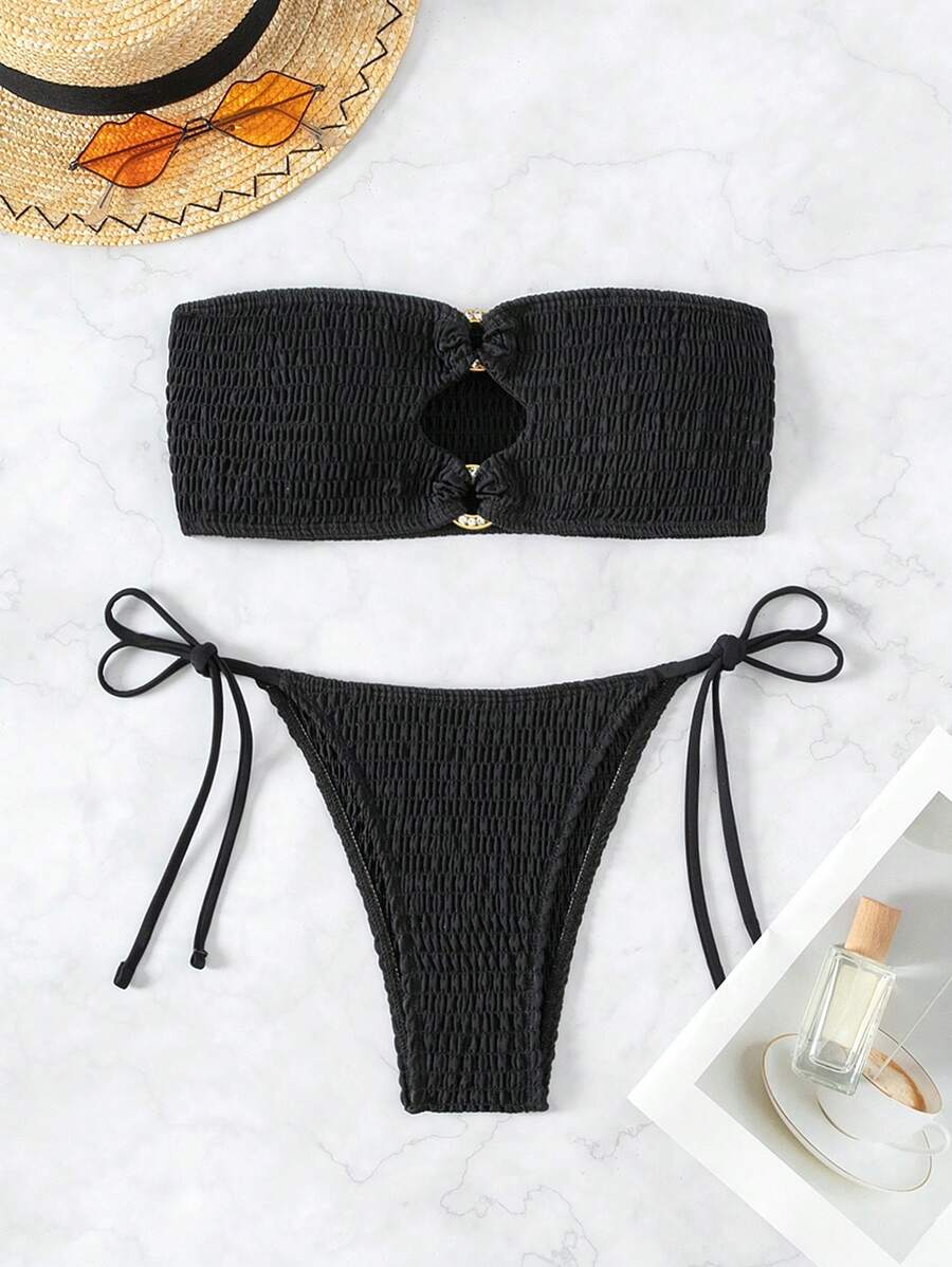 SHEIN Swim Solid Color Hollow Out Strapless Bikini Set Summer Beach - Black - View 1