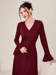 Modelyn 勃艮第红色纯色女式喇叭袖连衣裙超长款女式晚礼服秋季女装 - 酒紅色 - 查看 5