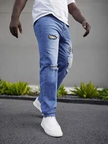 Manfinity EMRG Jeans Masculino Plus Size Lavado Com Água Rasgado
