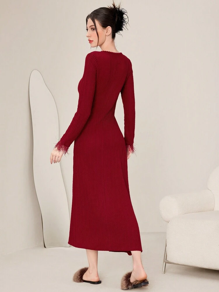 Burgundy Red Fuzzy Cuff Long Sleeve Dress Long Evening Dresses