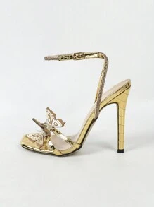 女士蝴蝶结高跟凉鞋，水钻装饰，细高跟，迷人闪亮的银色派对礼服鞋 - 金色 - 查看 5