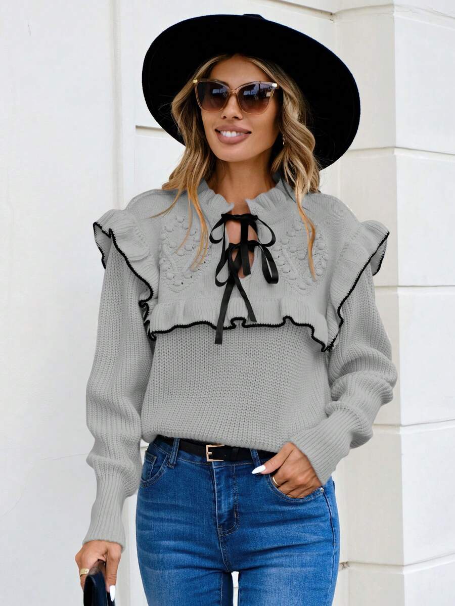 SHEIN Cottnline Women's Color Block Sweater With Ruffle Edge, Border Trim, Wide Strap Tie Neck - Grey - View 1