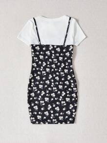 Leap Crew 雙層針織花卉印花連衣裙,圓領,適合十幾歲的女孩穿著 - 黑色 - 查看 6