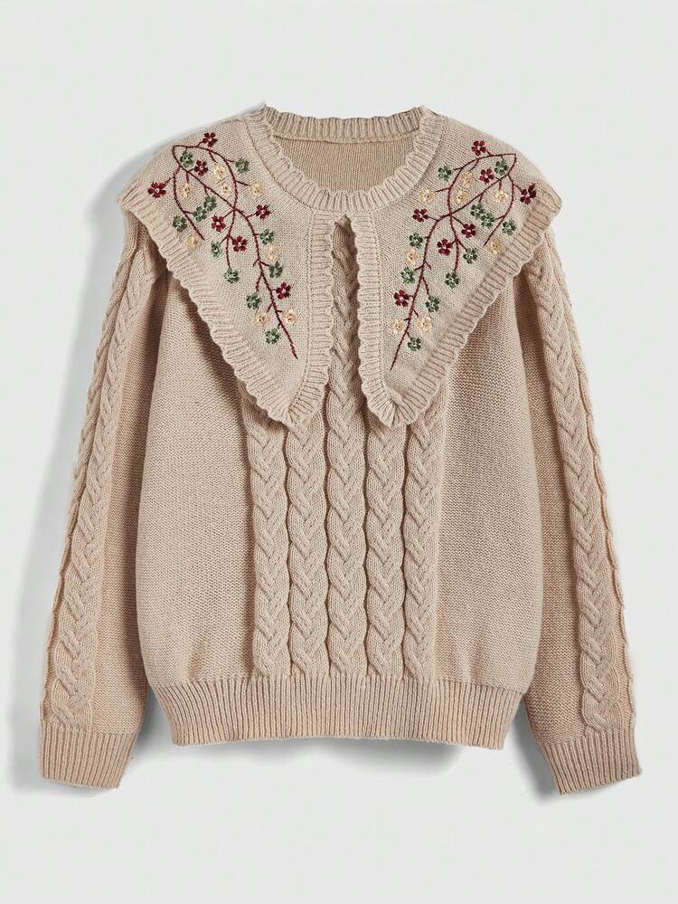 Embroidery Peter Pan Collar Sweater,Long Sleeve Tops