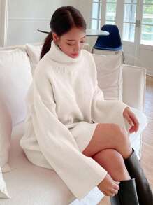 DAZY High-Neck Drop Shoulder Sweater,Long Sleeve Tops Fall - White - View 4