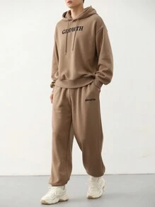 DAZY Men's Letter Printed Drawstring Hoodie And Jogger Pants Two-piece Set - Khaki - View 7
