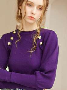 Knit Mix 女式圆领长袖纯色纽扣毛衣 - 紫色 - 查看 5
