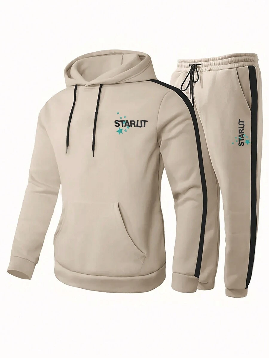 Manfinity Hypemode Men Plus Letter Graphic Kangaroo Pocket Drawstring Hoodie & Sweatpants - Apricot - View 1