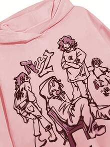 Slogan & Figure Graphic Drop Shoulder Hoodie - Pink - View 5