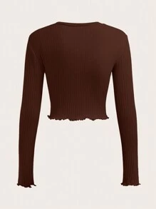 SHEIN EZwear Ladies' Solid Texture Stripe Long Sleeve T-shirt - Brown - View 11