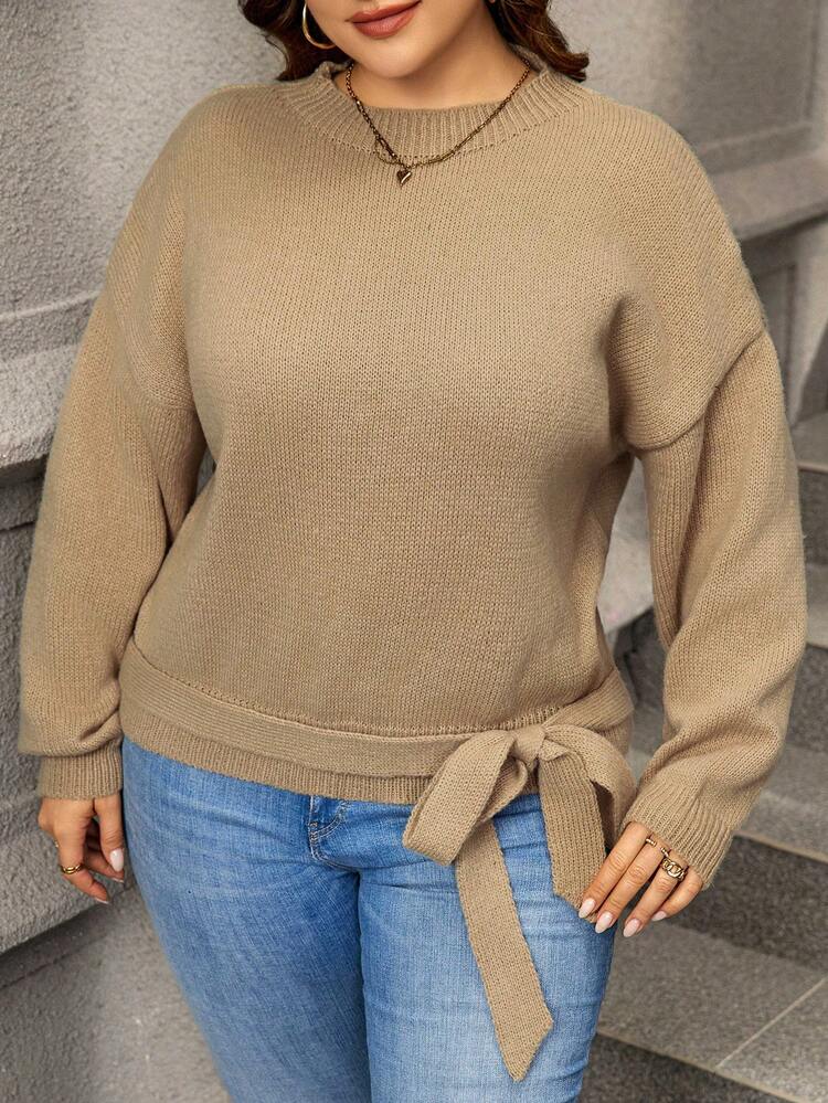 Plus Size Women's Drop Shoulder Long Sleeve Sweater With Knot Hem, Pullover Knit Pullover Fall Winter Sweater